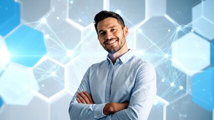 Smiling Businessman with Arms Crossed Against Futuristic Background - Powered by Adobe