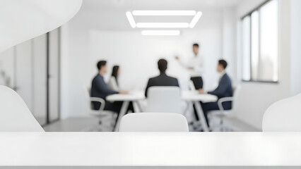 Empty sleek white display desk with blurred corporate team meeting background in a modern minimalist office, ideal for product presentation or branding opportunity