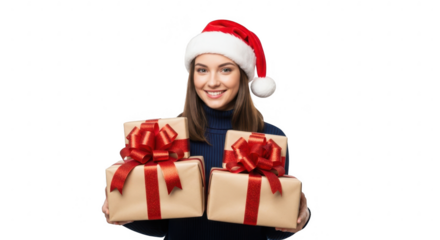 Woman in santa hat holding christmas presents, isolated on transparent background