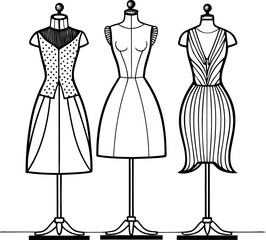 Dress designs on mannequins, fashion coloring book page line art vector line art vector art black and white