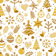 Christmas seamless pattern, gold New Year holiday background , white background