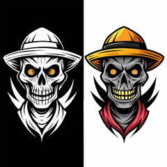 Farmer skull in straw hat vector illustration in two styles black on white and colorful on dark background stock illustration