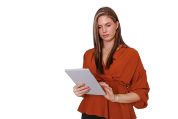 Woman using a digital tablet, browsing online content, managing business with modern technology on a transparent background