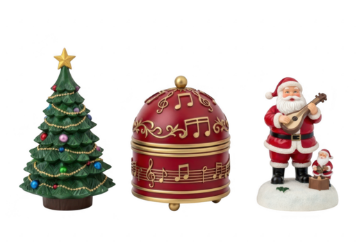 Christmas tree, music box, and santa claus figurines isolated on transparent background - Powered by Adobe