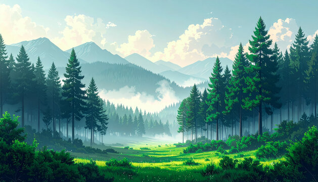 Mountain valley with pine trees in realistic natural style under bright blue sky  