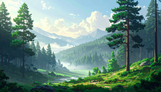 River winding through pine forest in realistic natural style with snow-capped mountains and mist  