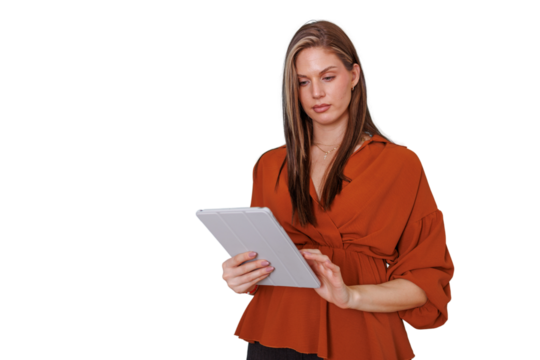 Woman using a digital tablet, browsing online content, managing business with modern technology on a transparent background