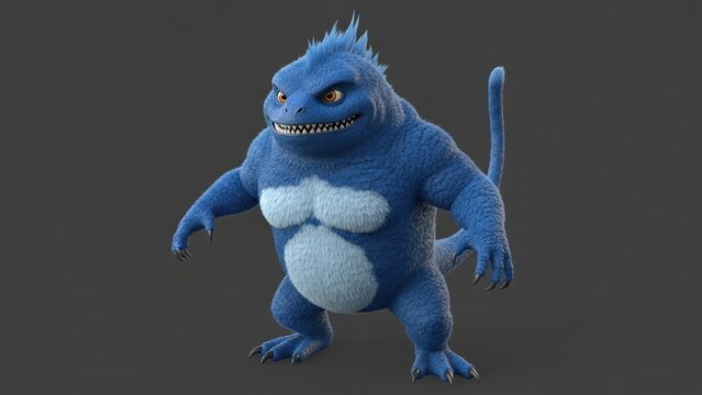A blue, furry, anthropomorphic creature with spiky hair and a large, round belly, standing on two legs with its arms raised and a menacing expression on its face. - Powered by Adobe