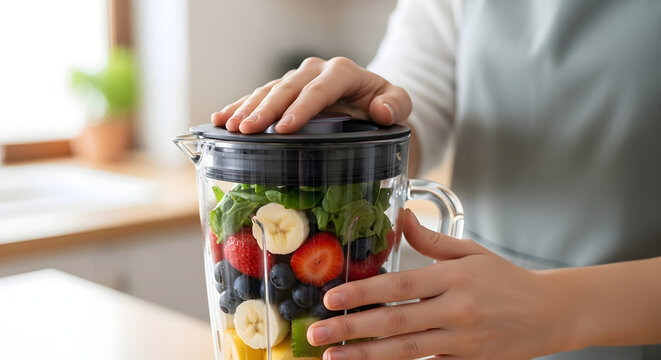 Person preparing a smoothie with fresh fruits and greens in a blender on a kitchen counter top view - Powered by Adobe