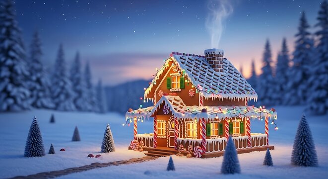 Gingerbread house illuminated in a snowy landscape with christmas lights and trees at night