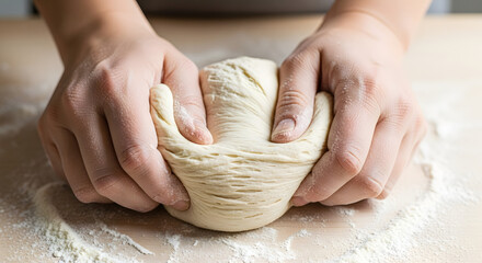 Hands kneading dough on a floured surface preparing for baking homemade bread or pastry item close up