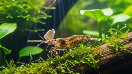 Obraz premium A shrimp with a butterfly on its back in an aquarium with green plants and moss.
