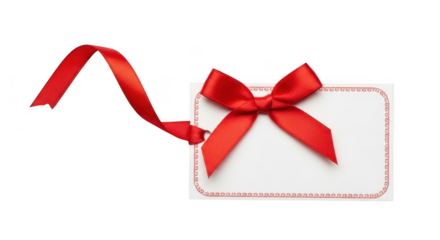 Red gift bow and ribbon on blank card isolated on transparent background