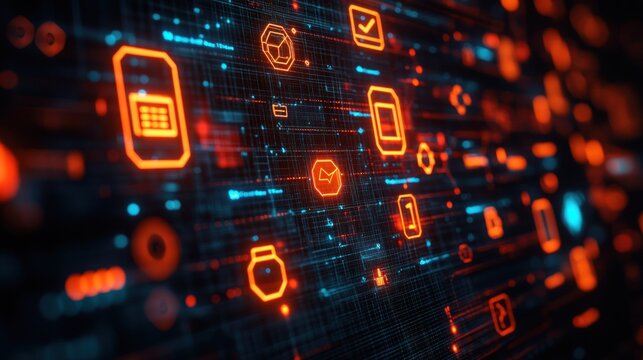 Abstract digital interface with glowing icons - Powered by Adobe