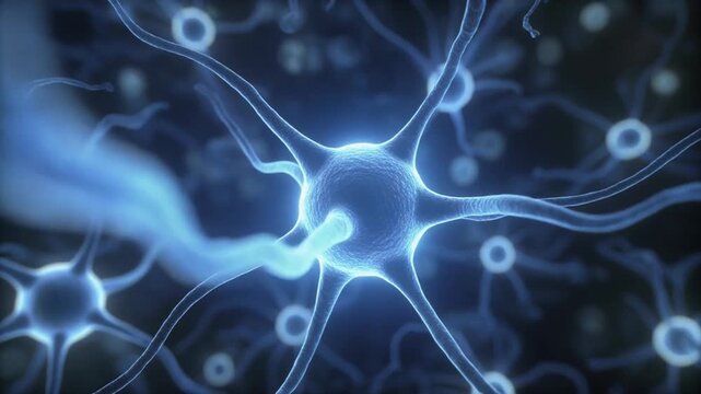 Hyper-detailed 3D animation of a single neuron close-up, glowing synaptic transmission, axon and dendrites expanding in slow motion, minimal medical white space, soft blue volumetric lighting, elegant
