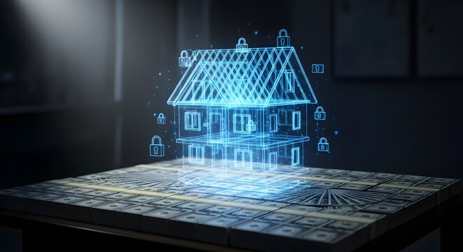 Holographic house wireframe with padlocks floating above a table covered in stacks of money