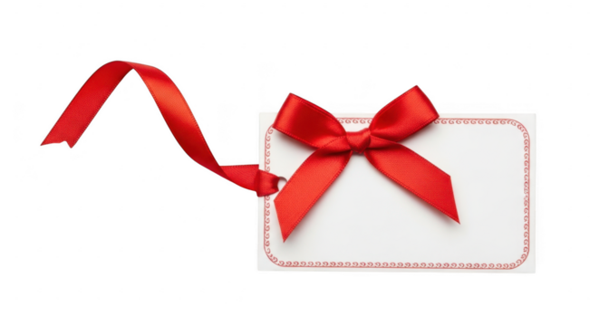 Red gift bow and ribbon on blank card isolated on transparent background