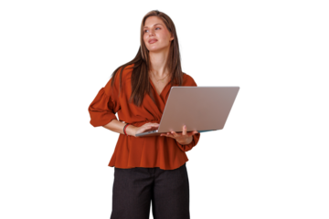 Professional woman standing, smiling, working on laptop, thinking, creating innovative business solutions on transparent background
