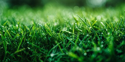 Fototapeta premium Lush green grass with dew drops glistens in soft light.