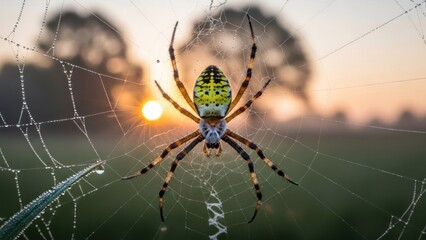 Obraz premium A spider with a web in a field at sunset.