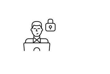 Man working at laptop and lock. Privacy and data protection, secure login and authentication. Pixel perfect, editable stroke vector icon