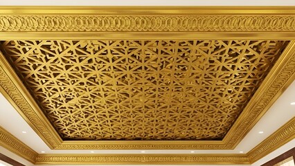 Stretch ceiling decoration image. Golden yellow 3d lattice pattern and decorative frame..