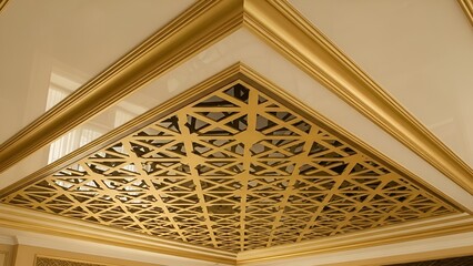 Stretch ceiling decoration image. Golden yellow 3d lattice pattern and decorative frame..