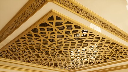 Stretch ceiling decoration image. Golden yellow 3d lattice pattern and decorative frame..