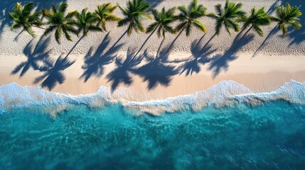 Aerial view of tropical beach with palm trees and shadows