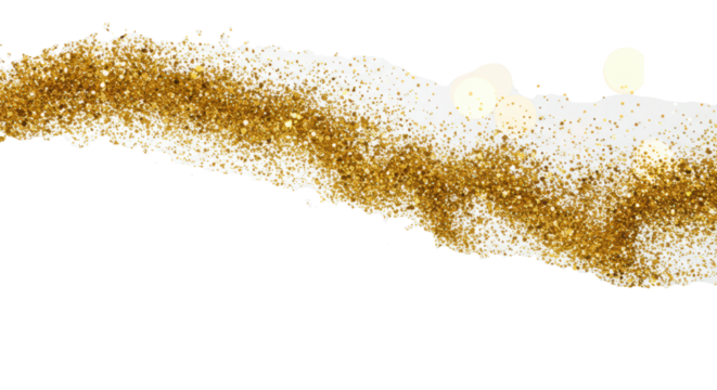 dynamic trail of saturated golden glitter dust captured mid-explosion on a transparent background, featuring soft bokeh and high-contrast directional lighting. concept for luxury celebration