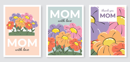 Vector Mother's Day greeting cards with flowers in a soft pastel palette. Minimalistic typography. Versatile spring and summer design for posters, banners, social media, and print
