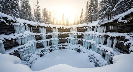 Frozen Waterfall Icicles and Snow Covered Canyon Walls image photo