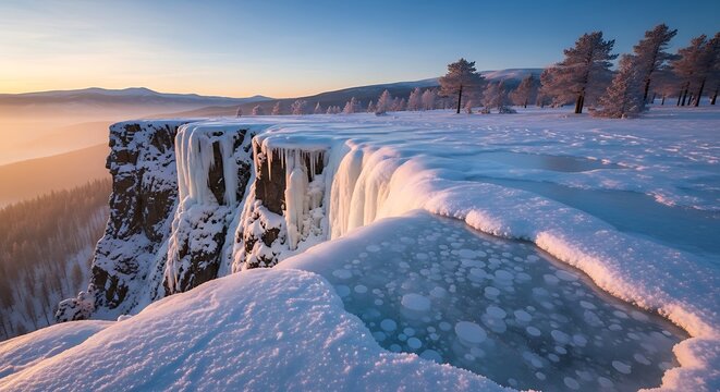 Frozen Waterfall Edge on a Snowy Cliff Overlooking Misty Valley winter