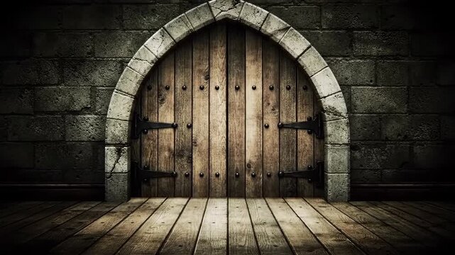 Ancient wooden archway entrance portal stone wall floor texture