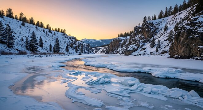 Frozen River Valley with Snow- Covered Mountains and Sunset Sky winter