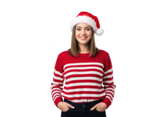 Smiling woman wearing a santa hat and striped sweater, isolated on transparent background