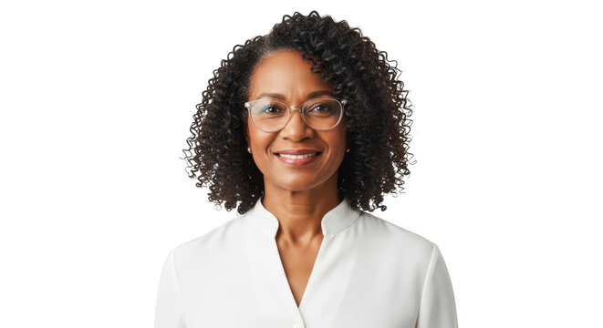 Woman with curly hair and glasses smiling, isolated on transparent background - Powered by Adobe