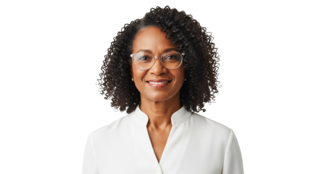 Woman with curly hair and glasses smiling, isolated on transparent background