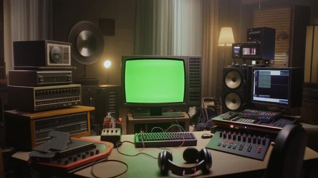 Vintage 80s Style Home Studio Desk with CRT Monitor Green Screen Ready for Chroma Key Compositing.