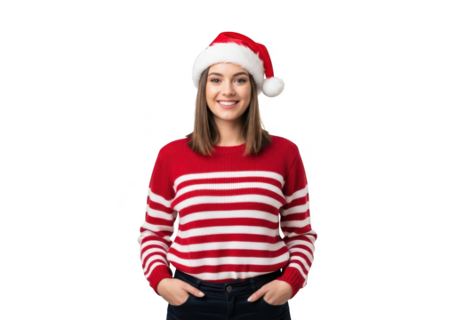 Smiling woman wearing a santa hat and striped sweater, isolated on transparent background - Powered by Adobe