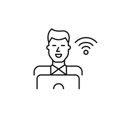 Man wearing shirt working at laptop and wifi. Online productivity, remote learning and job. Pixel perfect, editable stroke vector icon