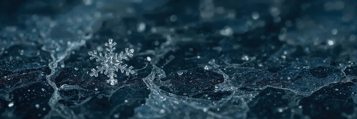 Crystal snowflake on frozen dark ice surface with frost and winter texture in macro closeup, cold minimalistic nature background
