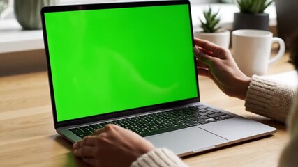 Close-up of a person engaging with a laptop displaying a vibrant green screen, perfect for chroma key editing and digital content creation in a modern setting