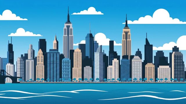 Stylized vector illustration of a major metropolitan city skyline with iconic skyscrapers and a waterfront view under a blue sky