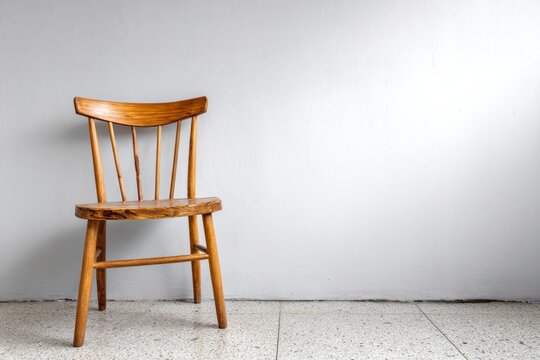 Wooden chair with spindle back stands against a plain wall.