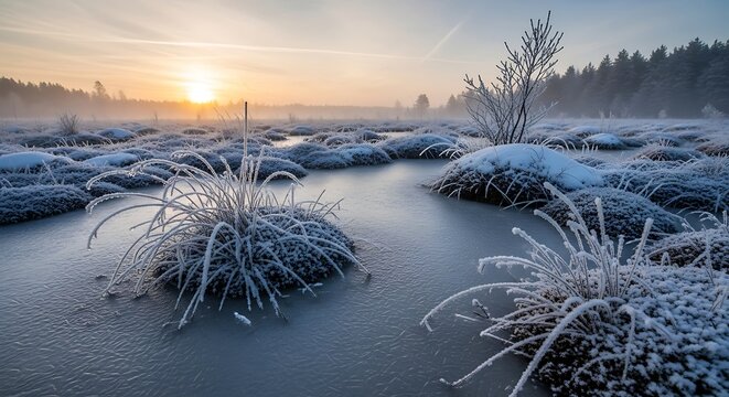 Frozen marshland with frosted grass and icy water at sunrise wetland