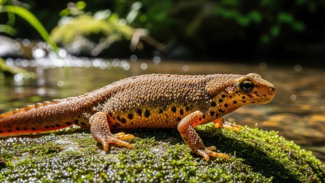 A red newt with a spotted pattern, resting on a mossy rock in a stream with green foliage in the background.