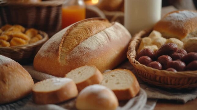 Close-up of assorted breads and snacks on a wooden table with warm tones.
