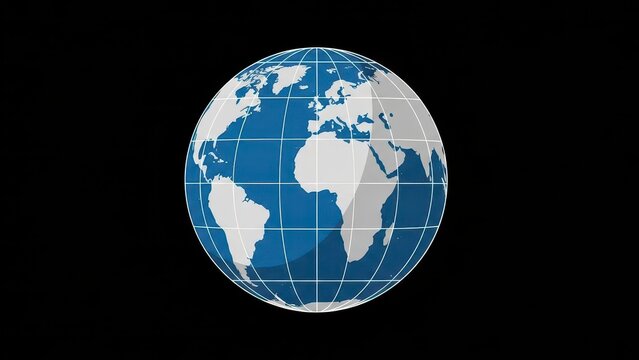 Stylized Globe with Continents and Grid Lines on Black Background.