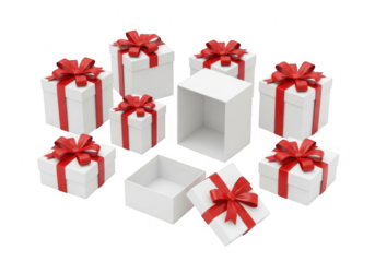 Collection of white gift boxes with red ribbons, isolated on transparent background